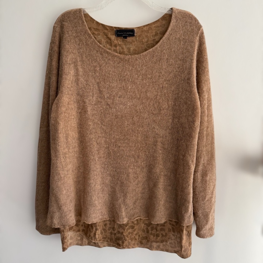 Flora Ashley Brown Wool Mohair Blend Sweater Sz XL Leopard Made in Italy